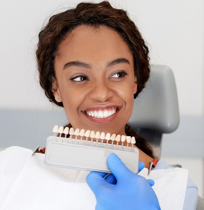 Woman's smile compared with porcelain veneer shade chart